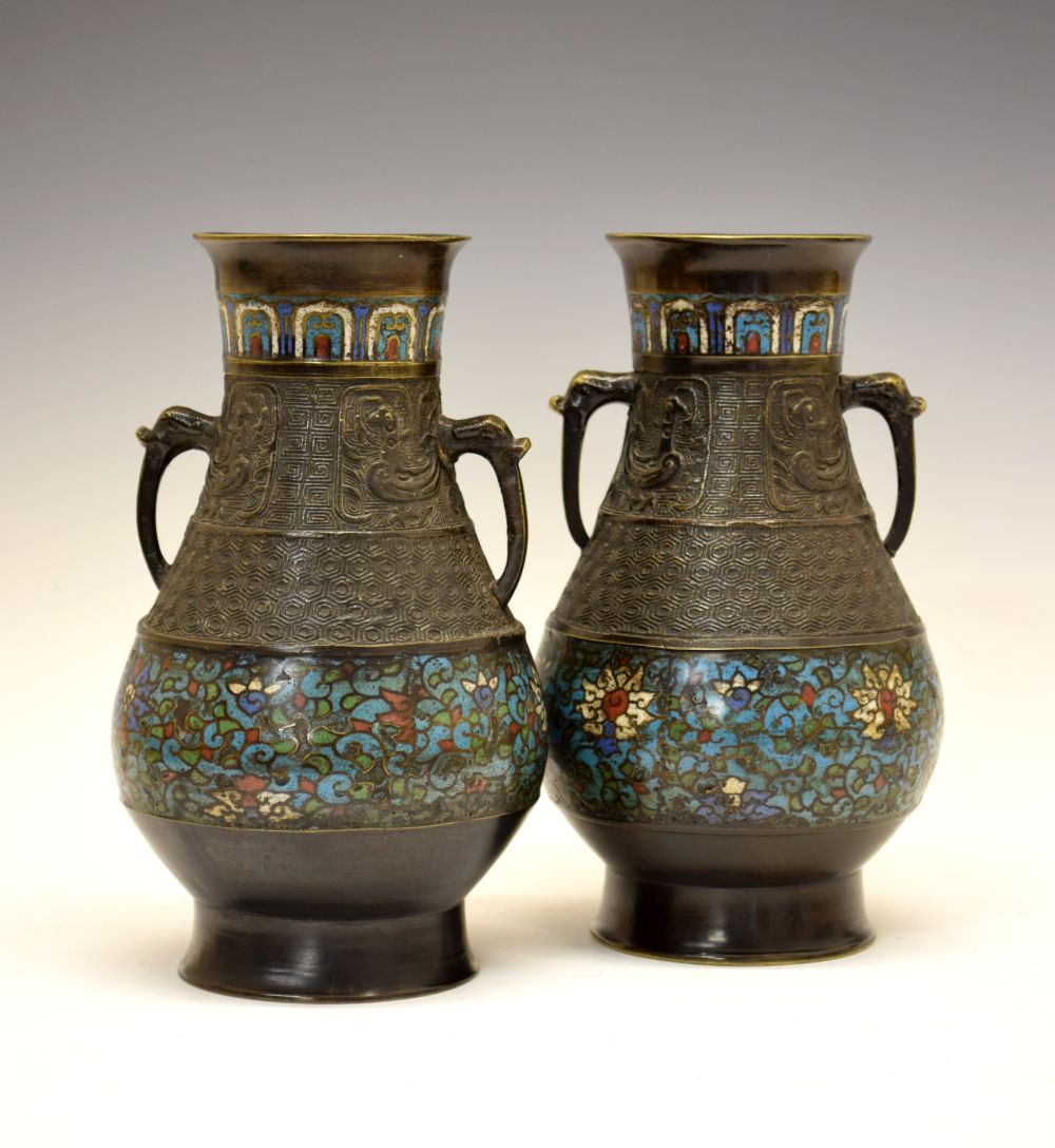 Pair of late 19th Century Chinese Archaistic-style bronze and cloisonné vases, each of bulbous