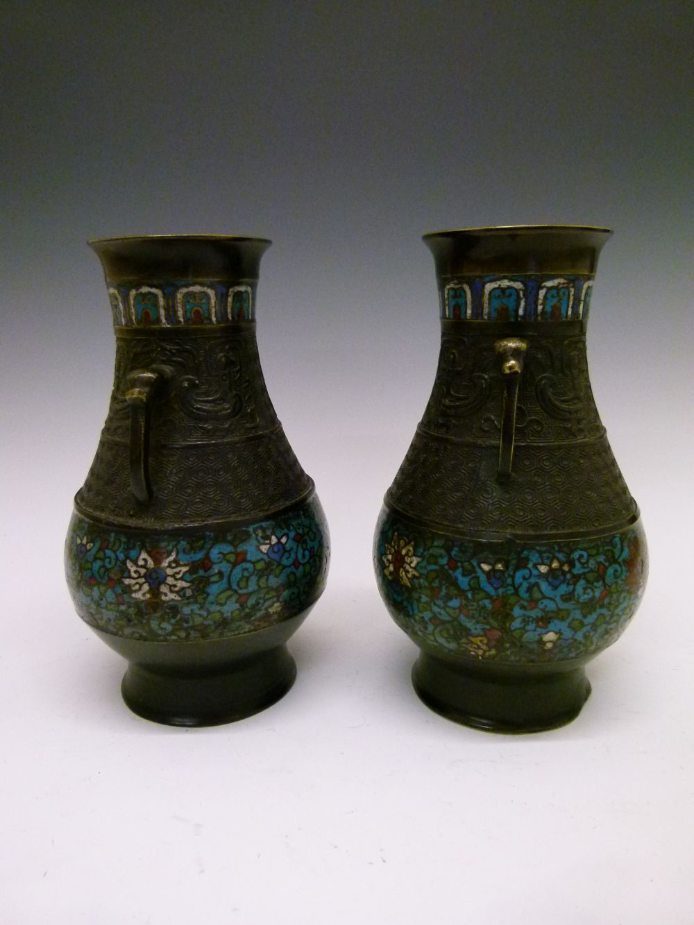 Pair of late 19th Century Chinese Archaistic-style bronze and cloisonné vases, each of bulbous - Image 9 of 10