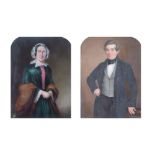 Pair of mid 19th Century painted ceramic portrait plaques, depicting a lady and gentleman, half-