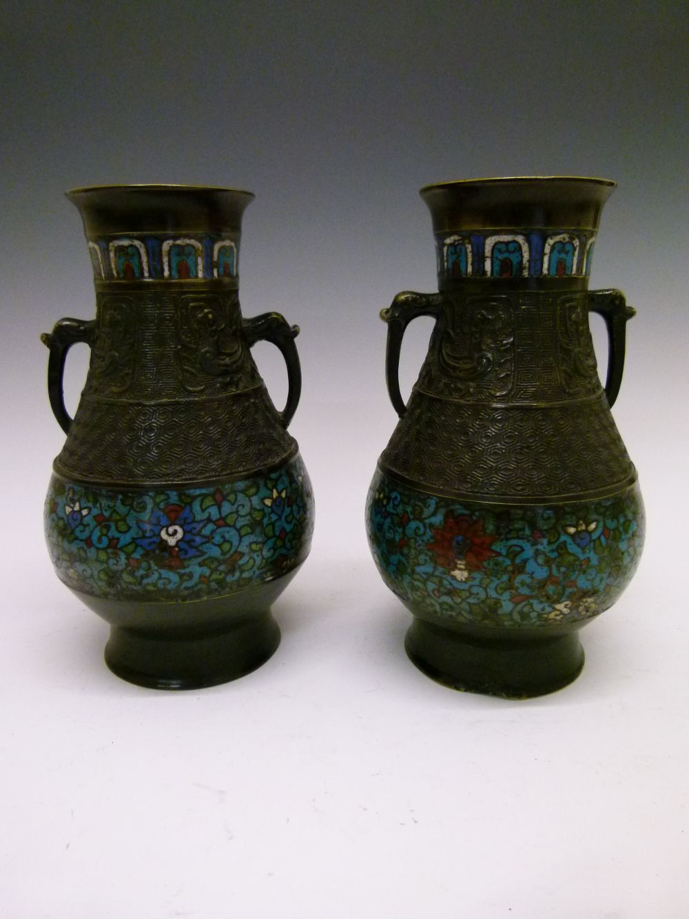 Pair of late 19th Century Chinese Archaistic-style bronze and cloisonné vases, each of bulbous - Image 7 of 10