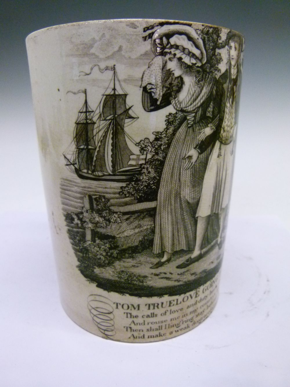 Rare George III transfer-printed creamware mug of large size, featuring a print after John Mollart - Image 4 of 9