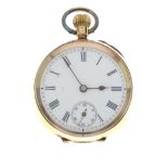 Continental yellow metal fob watch, white Roman dial with subsidiary at VI, unmarked top-wound