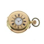 Small late 19th/early 20th Century yellow metal Half Hunter pocket or fob watch, with white Roman