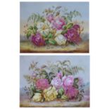 Pair of early 20th Century porcelain plaques, each decorated with a still life of pink and yellow