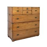 19th Century camphor wood Campaign chest of drawers, in two sections, the upper with brass-bound