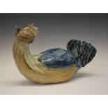 Rowena Kinsman - Large salt-glazed stoneware cockerel, with curled blue tail feathers, stamped 'R'