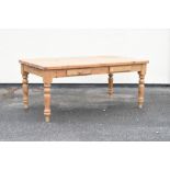 Stripped pine refectory style kitchen table fitted two shallow drawers, 183cm x 105cm x 79cm high