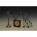 1950's atomic age zig-zag coat rack, bentwood Smiths mantel clock, pair of stainless steel three