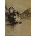 Two etchings - Rouen and Chateau Chillon, indistinctly signed, 20cm x 16cm, framed and glazed