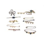 Good selection of unmarked yellow metal and other bar brooches, to include; moonstone, seed pearl,