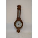 Early 20th Century inlaid walnut aneroid barometer with thermometer, 90cm high