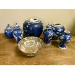 Quantity of Chinese blue and white ginger jars, vases and covers and a Famille Rose bowl