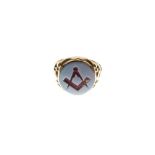 Masonic Interest - 15ct gold signet ring, the pale blue overlay glass matrix intaglio - carved