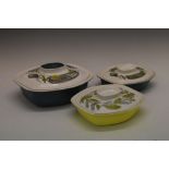 Three retro design Poole pottery dishes and covers, each with printed vegetable decoration,