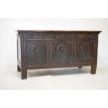 17th/18th Century oak coffer having carved triple fielded panel front, 132cm wide