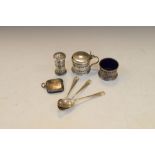 George V silver three piece cruet with blue glass liners, Birmingham 1924, vesta case and two