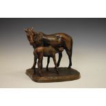Russian cast metal bronzed finish figure group of mare with foal with indistinct signature, 31cm