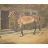 English School - Oil on canvas - Horse in front of a country house, monogrammed AT and dated 1900,