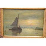 19th Century Dutch School - Oil on panel - Barge at dusk, indistinctly signed, with a carved gilt