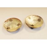 Pair of Oriental and white metal mounted mother-of-pearl dishes having engraved decoration of