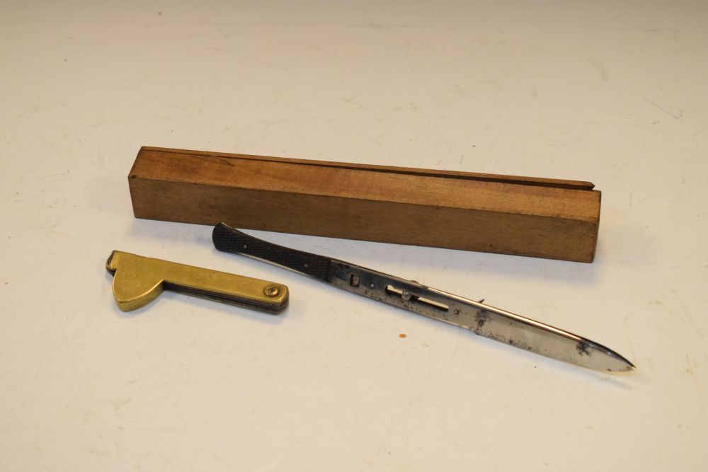 19th Century brass and steel fleam and a Engmann valantin's section cutting knife, cased