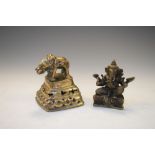 Indian bronze figure of Ganesh the elephant god, seated cross-legged upon semi-circular base, 6.