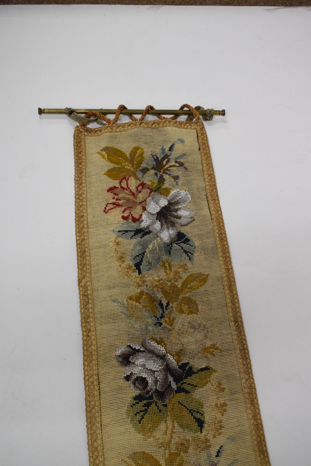 Needlework tapestry hanging, 24cm wide x 123cm high excluding brass hanging rail - Image 4 of 7