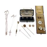 Assorted 9ct gold, yellow metal and unmarked jewellery to include; collar studs, stickpins, 22.5g