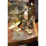 Assorted collectables to include; brass bin on three paw feet, shell case vase, Prattware pot lid '