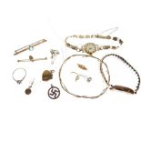 Assorted gold and yellow metal jewellery to include; two lady's wristwatches, snap bangle, two bar