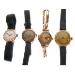 Four assorted lady's 9ct gold cocktail watches, one with gold flexible bracelet strap, the others