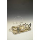 Silver-plated two handled tray, three piece tea set and cake stand, the tray 58cm across handles