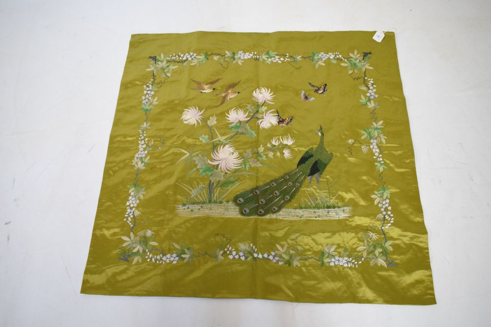 Oriental embroidered silk panel of peacock and butterflies against an olive green background, 95cm x