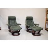 Pair of Ekornes 'Stressless'-style green leather easy chairs with matching footstools (4)