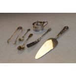 Assorted small silver items to include; oval mustard pot, silver-handled cake slice, tongs, etc