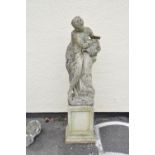 Garden Ornament - Reconstituted figure of a water carrier, 77cm high on square pedestal, 114cm