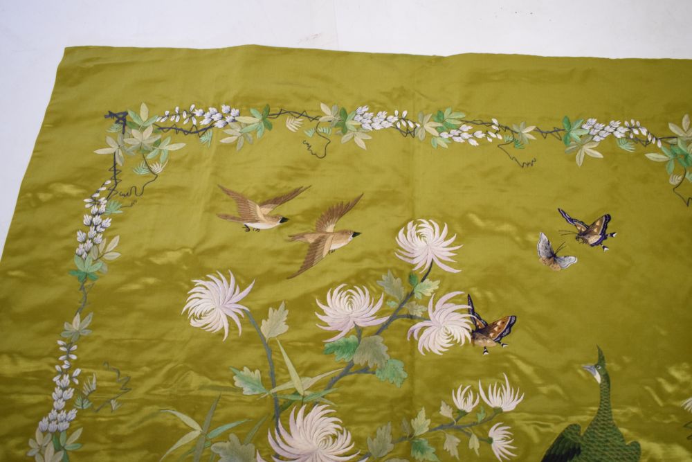 Oriental embroidered silk panel of peacock and butterflies against an olive green background, 95cm x - Image 4 of 5