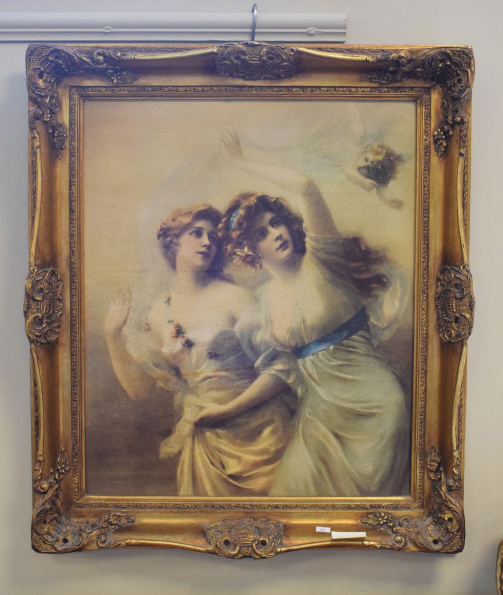 Coloured print of two maidens, framed, 59.5cm x 49cm