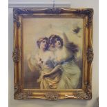 Coloured print of two maidens, framed, 59.5cm x 49cm