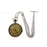 Imported silver open face pocket watch, Freemans non-magnetic, 44mm diameter, with curb-link albert