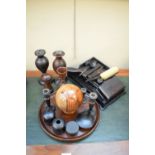 Treen - Dressing table set, a circular tray, turned vases, etc