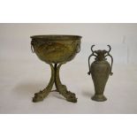 Continental brass bowl on three case dolphin supports, 31cm diameter x 39cm high, together with an