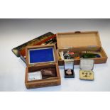 Lacquered glove box, two other boxes, quantity of button hooks, interesting miscellanea including