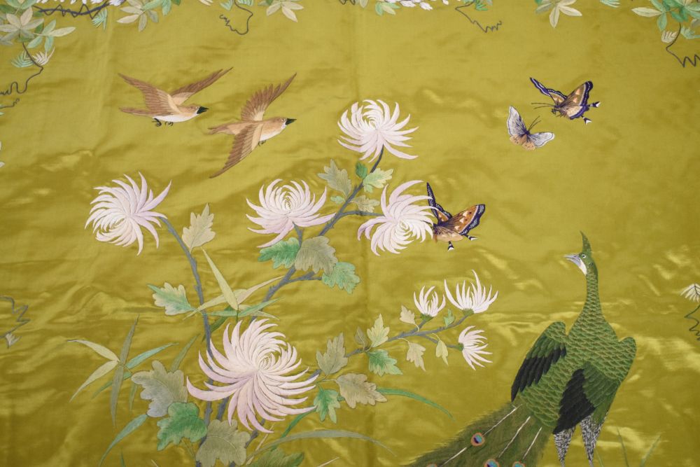 Oriental embroidered silk panel of peacock and butterflies against an olive green background, 95cm x - Image 3 of 5