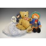 Vintage golden mohair teddy bear, having glass eyes, together with bisque figure in classical