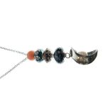 Silver necklace with crescent-form pendant set large pearl beneath glass beads in the manner of