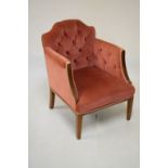 Edwardian inlaid mahogany-framed deep-buttoned occasional chair