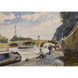 Brian Lancaster - Watercolour - Bank of the River Seine with the Eiffel Tower, signed, 25.5cm x