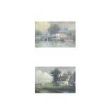 H. Vickers - Oil on board - Pair of landscape scenes, riverside thatched cottages, each signed, 19cm