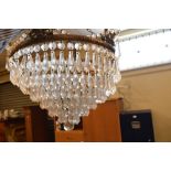 Mid 20th Century brass and glass lustre chandelier or electrolier of six-ring waterfall design, 34cm